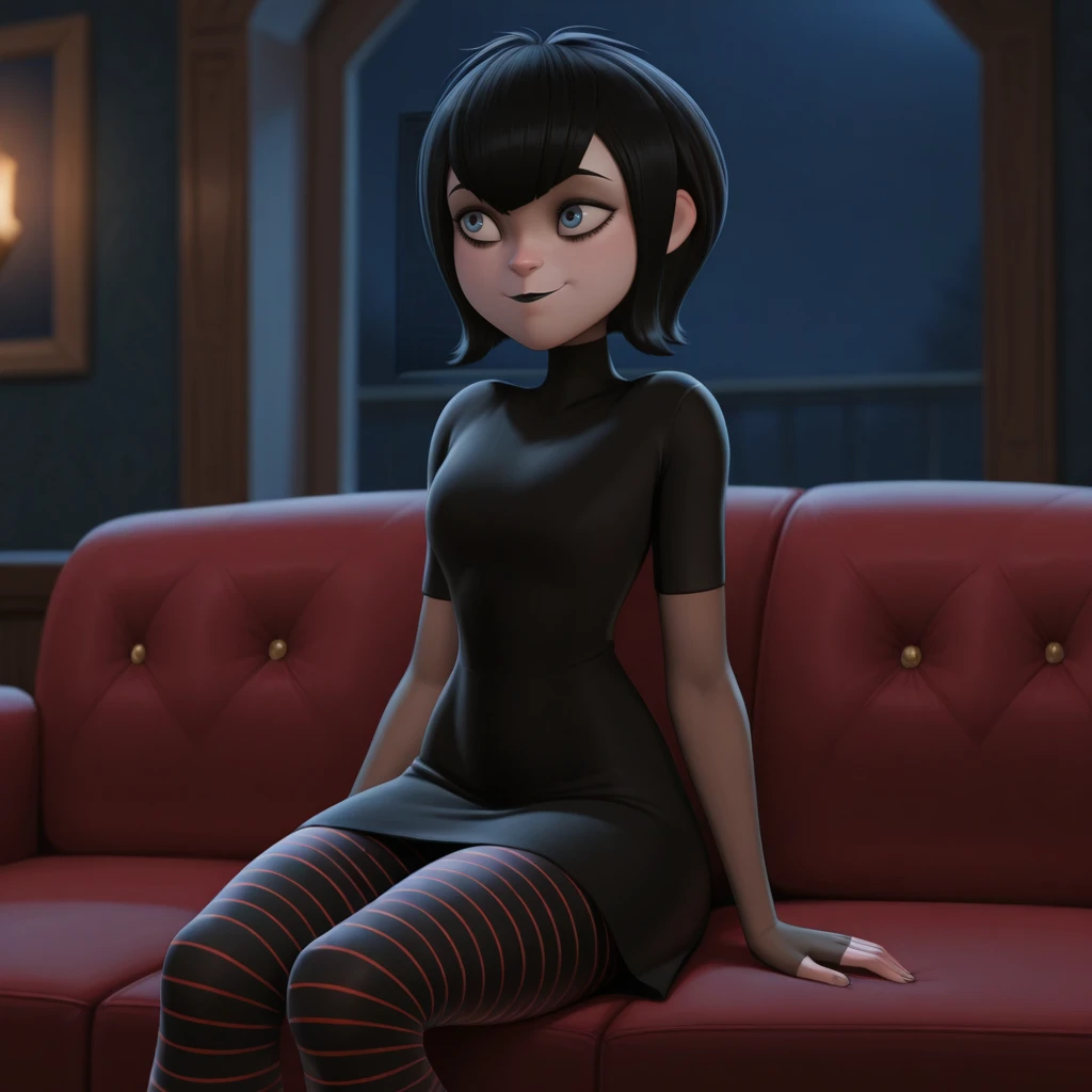 masterpiece, best quality, MAVISDRACULA, 1girl, solo, black hair, short hair, blue eyes, black lipstick, light smile, black dress, fingerless, striped pantyhose, pantyhose, cowboy shot, <lora:MavisDracula_illustrious_Leaf1-000010:1>, depth of field, sitting on couch, indoors, night,