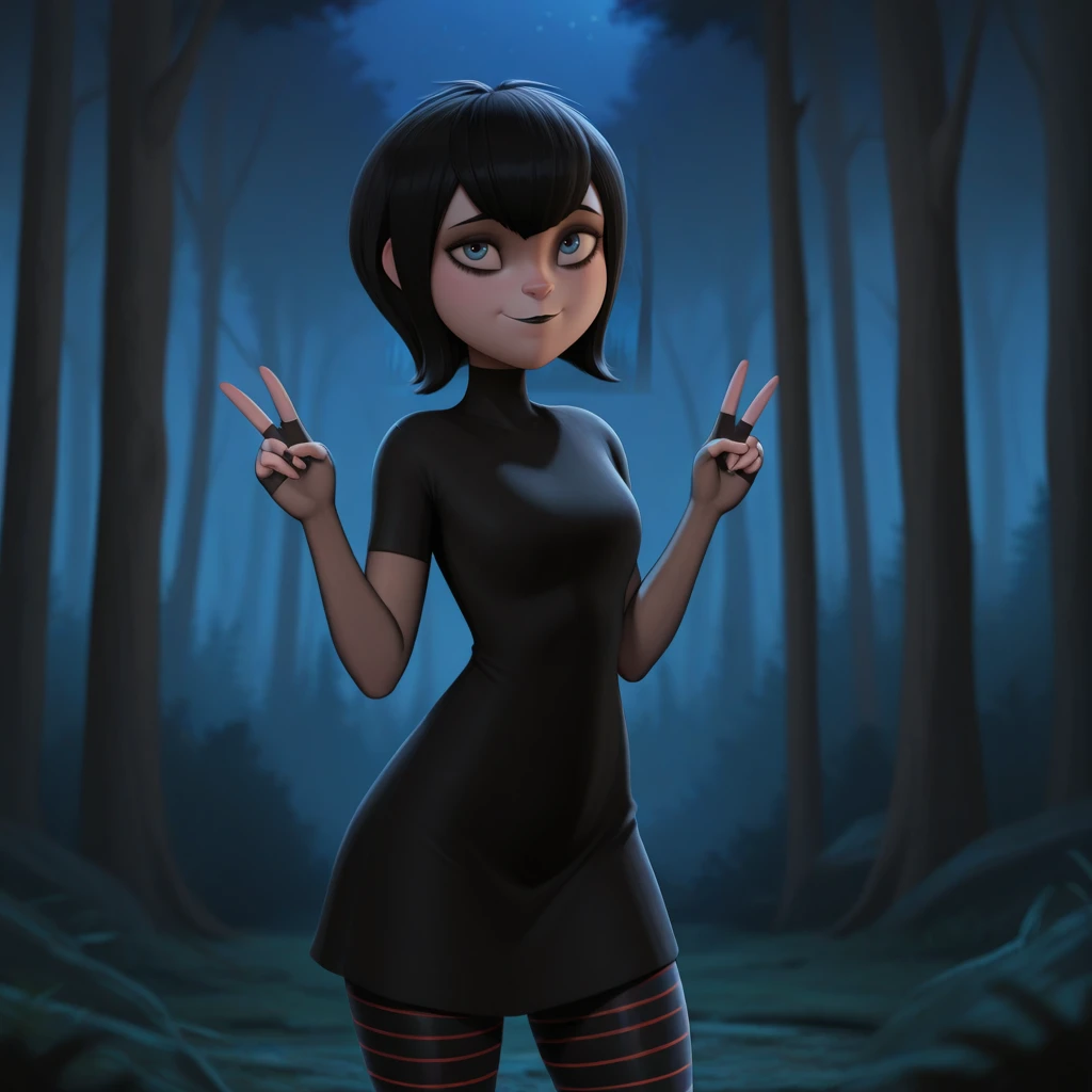masterpiece, best quality, MAVISDRACULA, 1girl, solo, black hair, short hair, blue eyes, black lipstick, light smile, black dress, fingerless, striped pantyhose, pantyhose, cowboy shot, <lora:MavisDracula_illustrious_Leaf1-000010:1>, depth of field, double v, forest, night,