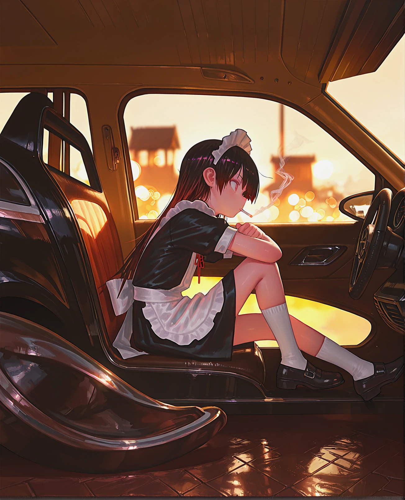 anime 3d poster by D. Jun,Unreal Engine render,beauty anime girls in Japanese maid's clothes and hugging inside a JDM car at night among the American cottages,anime vintage colors,bokeh,ultra realistic,foggy,daz 3d,octane render,trending on artstation,volumetric light,cinematic poster,octane render,(redshift render:0.78),ultra realistic,oil painting,smoking,cigarette,, (reoen:2),(adpx:1),(shexyo),(asakuraf:1.5),(tianliangduohefangdongye:1), masterpiece,best quality,amazing quality,very aesthetic,absurdres,newest,sceneryï¼masterpiece, best quality, amazing quality, very aesthetic, absurdres, newest,