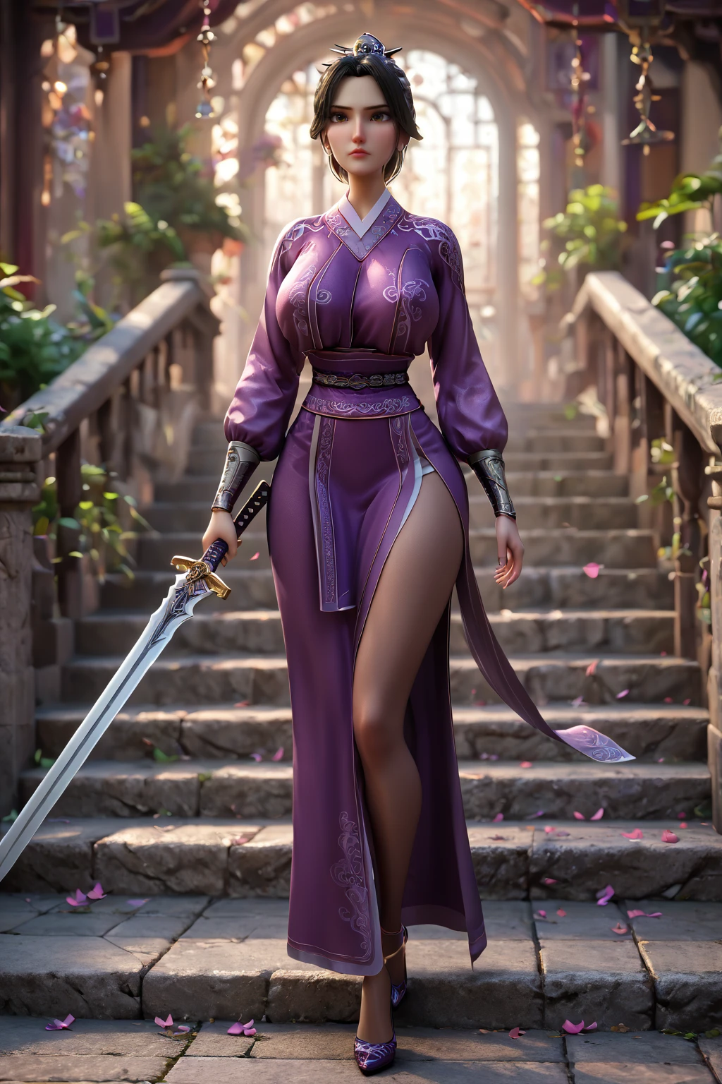 score_9,score_8_up,score_7_up,pov,1girl,full body,standing,
1girl,mature female,milf,huge breasts,narrow waist,wide hips,looking at viewer,high heels,sword,holding weapon,serious,
Best quality,masterpiece,soft light,official art,masterpiece,high quality,highres,absurdres,<lora:Yin Furen Pony:1>,yin furen,black hair,hair ornament,black eyes,purple chinese clothes,