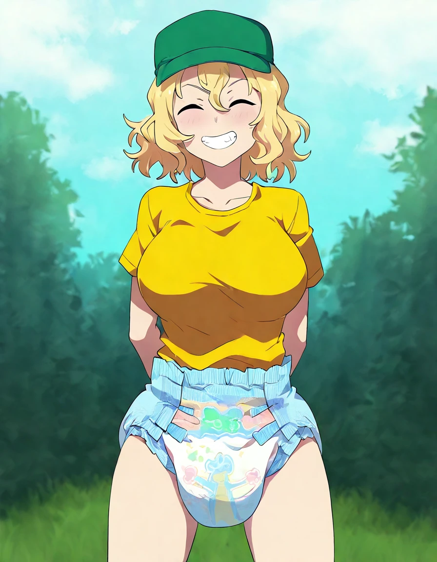 Android 18, sweating, vore, big belly, belly exposed, wet, exposed breast, blue eyes, sitting on boulder, blushing, embarrassed, shy, clothed, blue jacket, short shorts