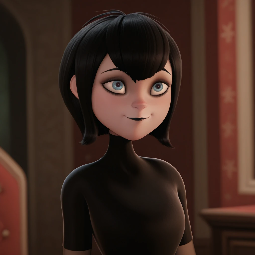 masterpiece, best quality, MAVISDRACULA, 1girl, solo, black hair, short hair, blue eyes, black lipstick, black dress, light smile, upper body, <lora:MavisDracula_illustrious_Leaf1-000010:1>, depth of field, 3d, indoors,