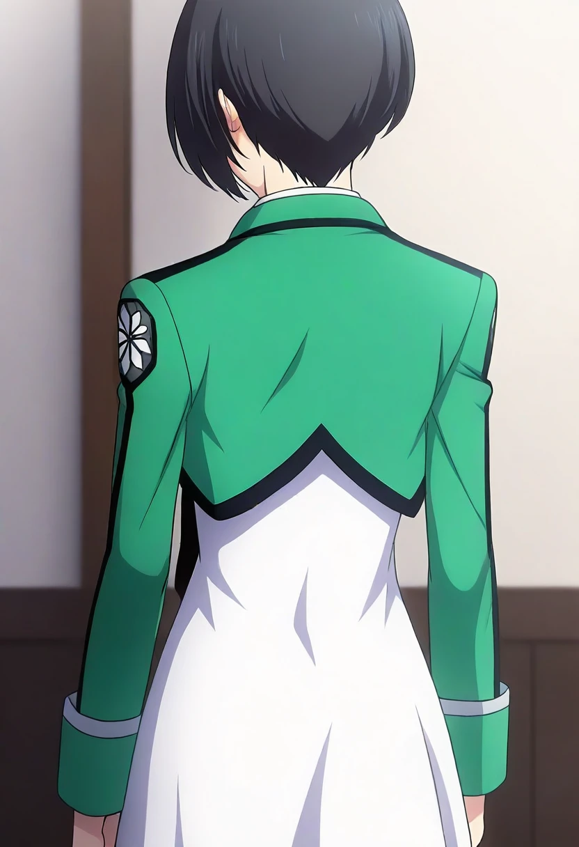 best quality, 1girl, watamari, short hair, green jacket, cropped jacket, long sleeves, open jacket, black necktie, white dress, standing, from behind, <lora:watamari_il:1>