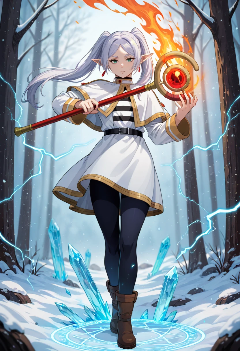 very awa,masterpiece,best quality,year 2024,newest,highres,absurdres,anime, anime coloring,
1girl,full body,closed mouth,lips, nose,red earrings,fighting Stance,floating hair, ,wind,
sousou no frieren,frieren,black leggings,boots,elf,gold trim,green eyes,leggings,long hair,pointy ears, white capelet, long sleeves,solo,(twintails),white hair, looking at viewer and facing viewer , full body,Holding a weapon,skirt, weapon,(lightning:1.4) ,(ice:1.4) ,(fire:1.4) ,(Holding mage staff),(Glowing Magic Circle:1.4),Glowing,Casting Magic,(aura,light particles,electricity:1.2),She is standing on the magic circle,
outdoors, Snow, snowy forest background, (civitai aesthetics, very aesthetic:1),<lora:civitai aesthetics-noob-V1:0.4> <lora:noobaiXLNAIXL_epsilonPred11Version-lora:0.1>