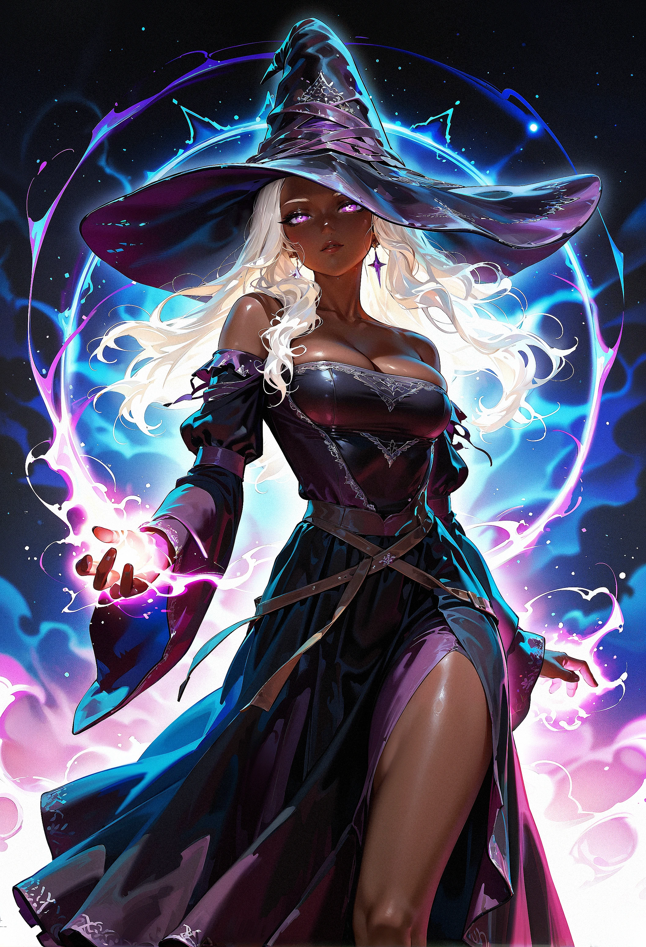 masterpiece, best best quality, RecluseER, 1girl, white hair, witch hat, dark skin, solo, dress, beautiful eyes, casting a spell, magic, <lora:iLLRecluseER:0.8>