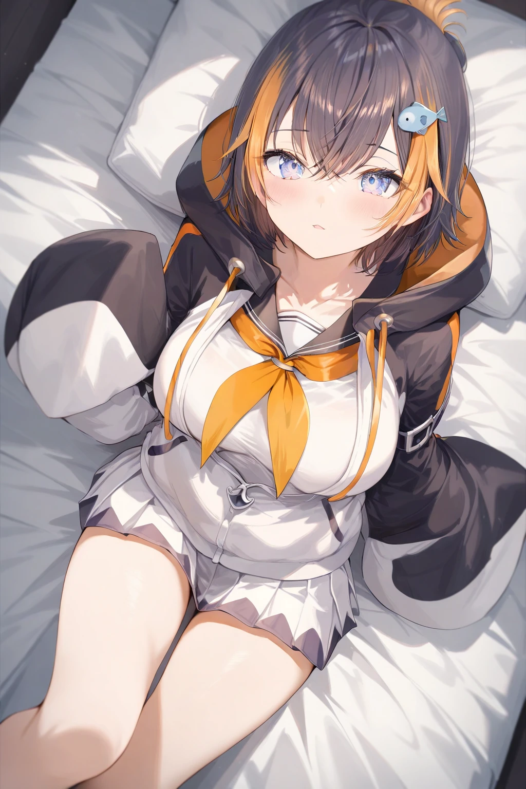 １girl、Mummy costume, Jack-o&#39;-Lantern, Short silver bob hair held together with a hair clip, Pink Eyes、smile、I really like it、Tank top、Upper body close-up、Morning Cafe Terrace、Background Blur, Written boundary depth