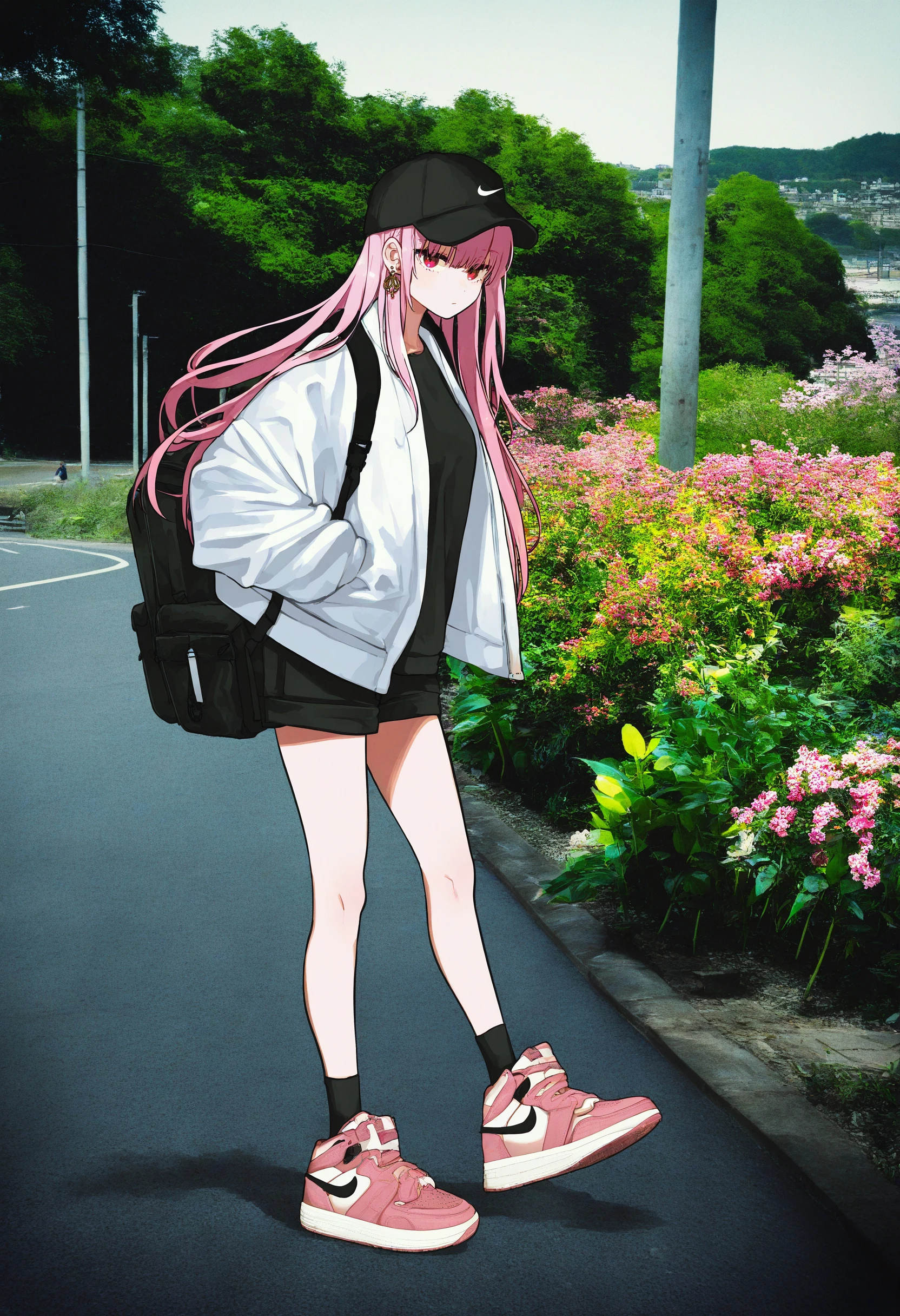 mori calliope, artist:[miyajima reiji|pong \(pong o0\)|gishiki \(gshk\)|matsuoka \(mtok 0\)|mika pikazo|yu \(stdio nameraka\)|lifeline \(a384079959\)],
1girl, pink hair, backpack, solo, outdoors, pink footwear, sneakers, baseball cap, long hair, black socks, looking at viewer, hand in pocket, standing, full body, earrings, black shirt, long sleeves, red eyes, black headwear, white jacket, plant, road, black bag, black shorts, hair between eyes, nike \(company\), closed mouth, open clothes, flower, 
real world location, photo background, film grain,
masterpiece, best quality, very aesthetic, absurdres
<lora:noobai_vpred_1_niji_composite:1>