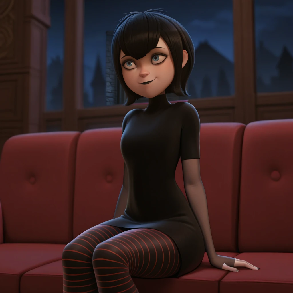 masterpiece, best quality, MAVISDRACULA, 1girl, solo, black hair, short hair, blue eyes, black lipstick, light smile, black dress, fingerless, striped pantyhose, pantyhose,<lora:MavisDracula_illustrious_Leaf1:1>, depth of field, sitting on couch, indoors, night,