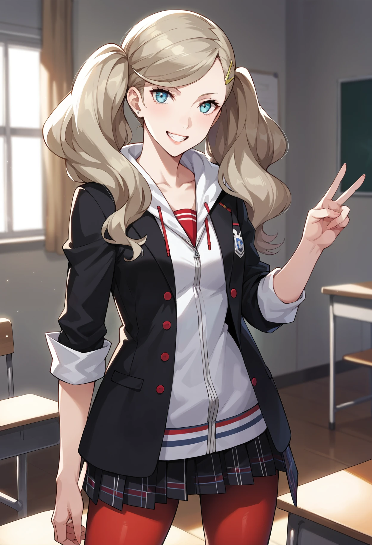 score_9, score_8_up, source_anime
1 girl, solo,
p5ann, takamaki anne, blonde hair, long hair, twintails, swept bangs, hair clip,
p5ann-winuni, blazer, layered clothes, jacket, open jacket, hood, pantyhose, red pantyhose, miniskirt, hoodie, hood, hood down, shuujin academy school uniform, sleeves rolled up
classroom, standing, smile, teeth, v, looking at viewer,
masterpiece, best quality, ultra detailed,