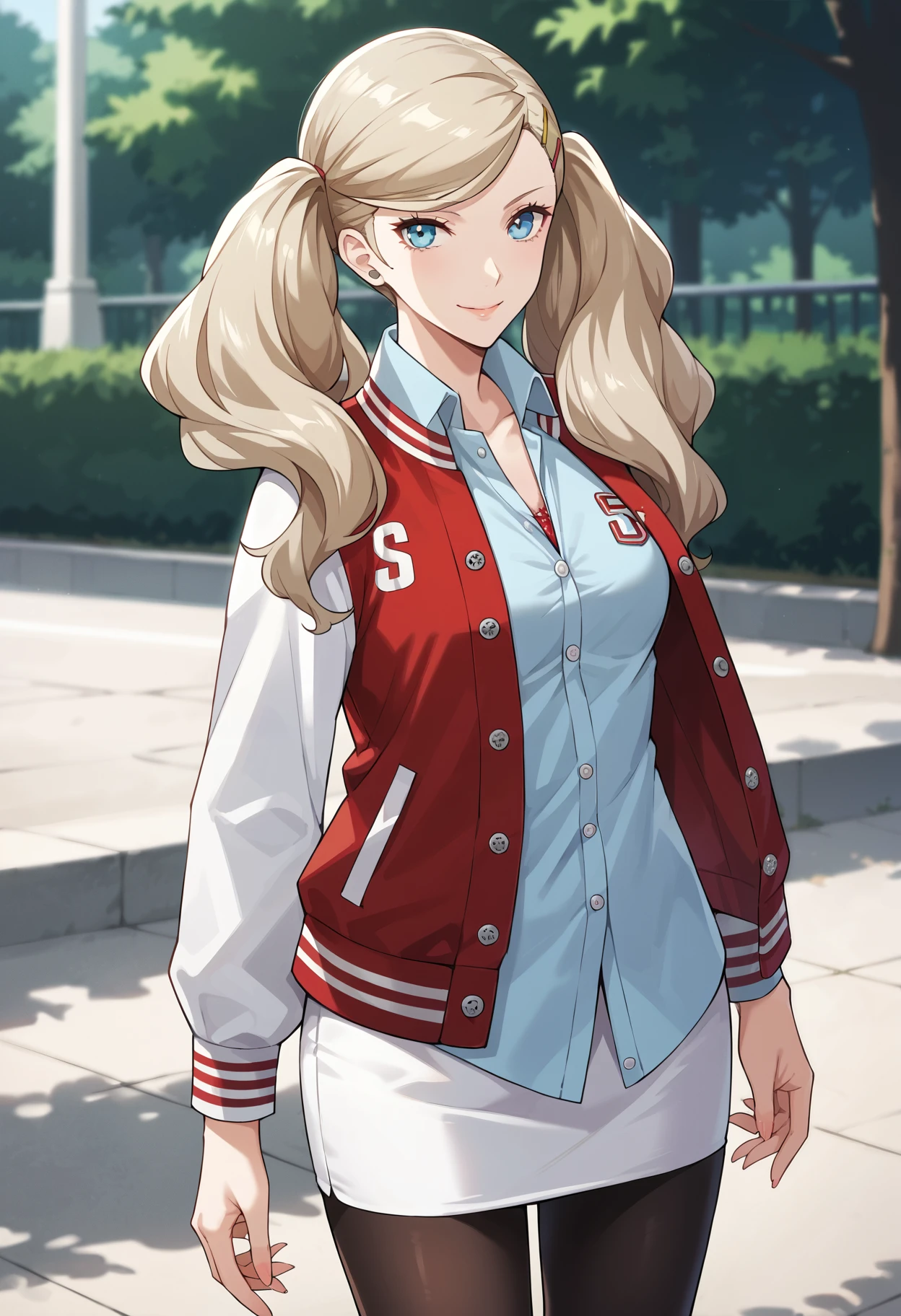 score_9, score_8_up, source_anime
1 girl, solo,
p5ann, takamaki anne, blonde hair, long hair, twintails, swept bangs, hair clip,
p5ann-wincas, letterman jacket, red jacket, white sleeves, open clothes, layered clothes, dress shirt, light blue dress shirt, pencil skirt, white skirt, black pantyhose, 
outside, park, standing, smile, looking at viewer, cowboy shot,
masterpiece, best quality, ultra detailed,
