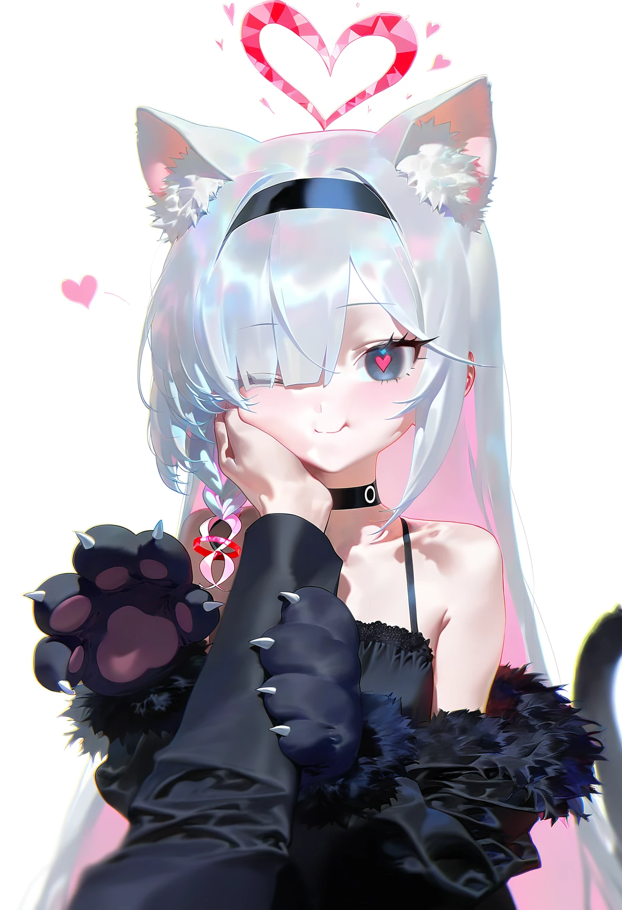 nyalia,
1girl, animal hands, plana \(blue archive\), black dress, sleeveless dress, heart, halo, pov hands, black eyes, paw gloves, pov, gloves, black hairband, long hair, cheek squash, hand on another's face, red halo, (heart-shaped halo:1.1), cat paws, hand on another's cheek, black choker, fur trim, hairband, symbol-shaped pupils, one eye closed, colored inner hair, braid, hair over one eye, multicolored hair, choker, looking at viewer, single braid, solo focus, pink hair, white background, white hair, simple background, heart-shaped pupils, blush, red pupils, 1boy, upper body, closed mouth, bare shoulders, pink pupils, pink halo, tail, cheek press, cat tail, off shoulder, black gloves, 1other, two-tone hair, alternate costume, smile, animal ear fluff, sensei \(blue archive\), black coat, grey hair, long sleeves,
, masterpiece, best quality, good quality,
<lora:ai_styles_collection_noob_vpred-1.0-v6-edm2-pass:1>