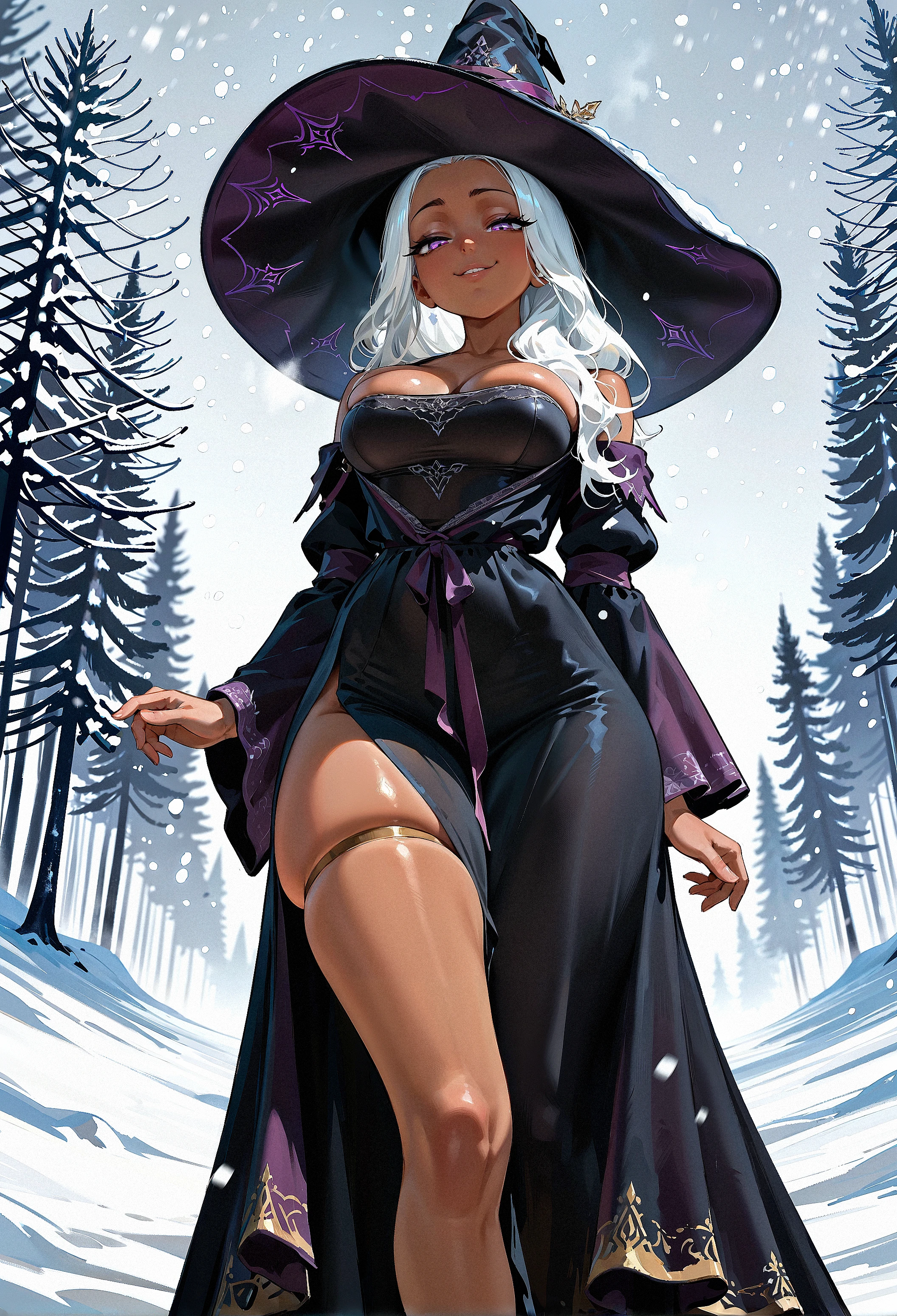 masterpiece, best quality, amazing quality, very aesthetic, absurdres, newest, scenery, RecluseER, 1girl, white hair, witch hat, dark skin, (mature:0.5), medium breasts, long dress, skindentation, female focus, long hair, snowing, teasing, smug face, looking down, from below <lora:iLLRecluseER:0.8>