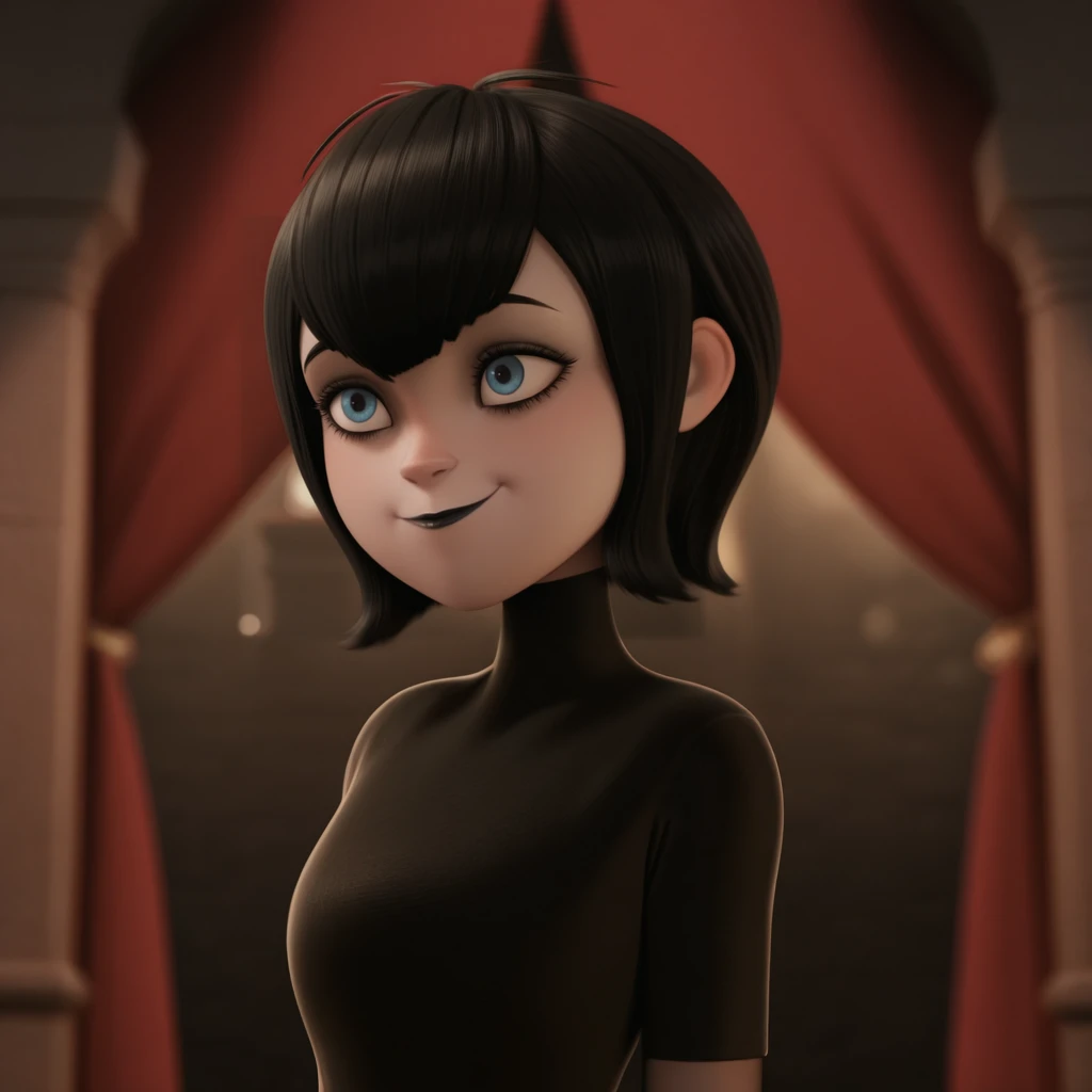 masterpiece, best quality, MAVISDRACULA, 1girl, solo, black hair, short hair, blue eyes, black lipstick, black dress, light smile, upper body, <lora:MavisDracula_illustrious_Leaf1:1>, depth of field,