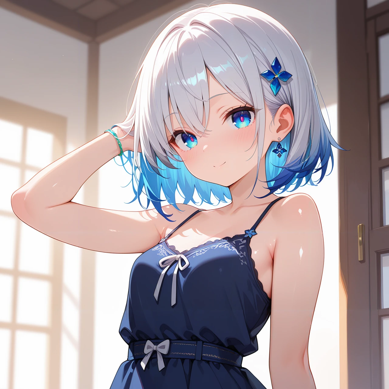 Anime girl with blue hair and blue dress posing in a room - SeaArt AI