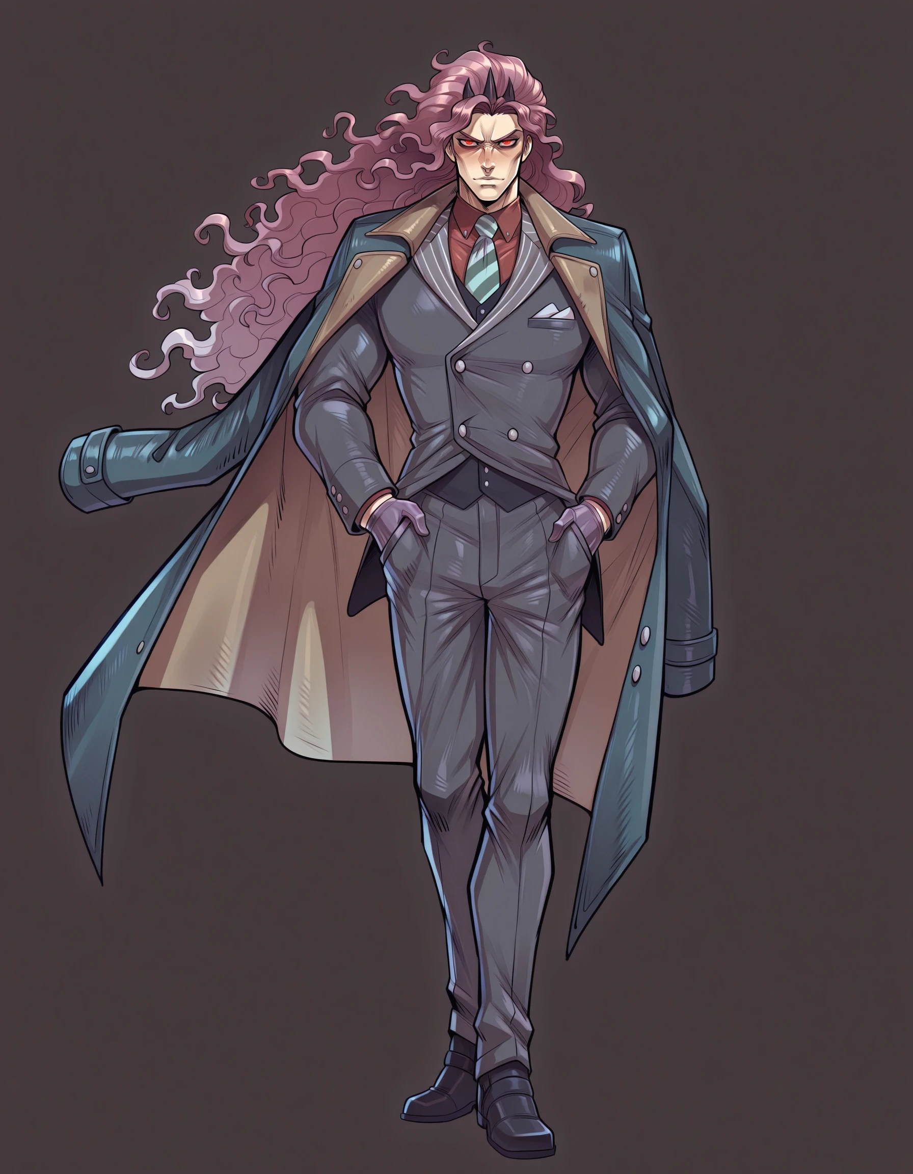 masterpiece,best quality,
devilhsill,
karill, gloves, 1boy, jacket, full body, male focus, necktie, striped, formal, suit, hand in pocket, jacket on shoulders, long coat, pinstripe pattern,red eyes, curly hair, long hair,
<lora:karsill2:0.9>, <lora:devilhsill:0.6>