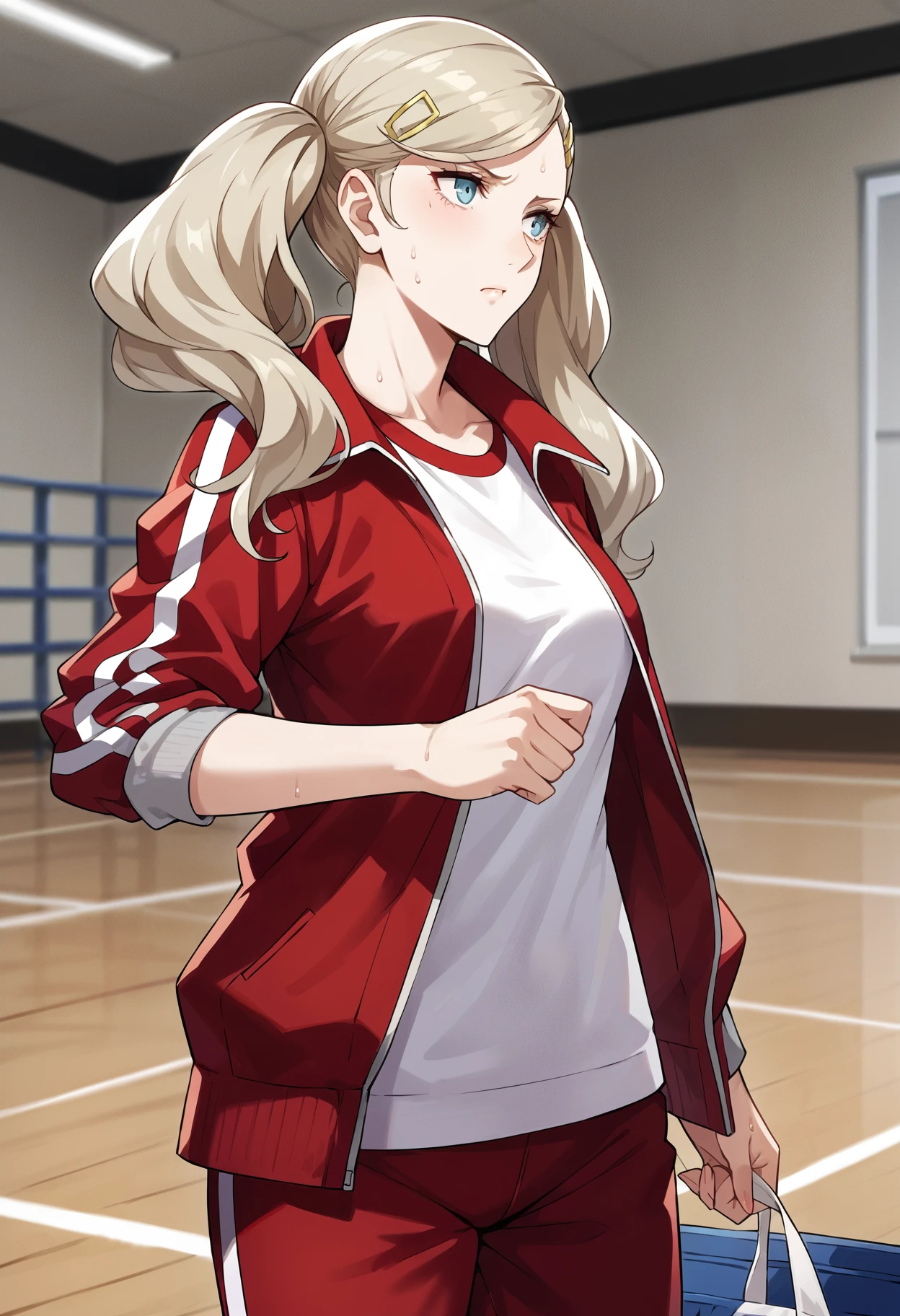 score_9, score_8_up, source_anime
1 girl, solo,
p5ann, takamaki anne, blonde hair, long hair, twintails, swept bangs, hair clip,
p5ann-track, track suit, track jacket, red jacket, open jacket, white tshirt, sleeves rolled up, track pants, red pants, pants rolled up,
inside, gymnasium, volleyball court, standing, tired, sweaty,
masterpiece, best quality, ultra detailed,