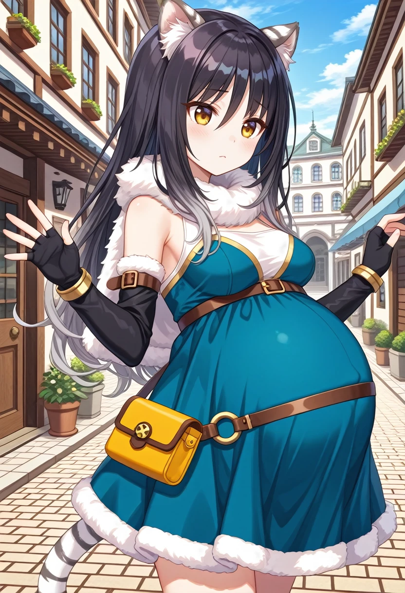 STYLE(comfy++,none) masterpiece, best quality, absurdres, 1girl, [tsukasawa takamatsu:cura, fuzichoco:0.3], torino aqua, shiori \(princess connect!\), tiger girl, tiger ears, animal ear fluff, tiger tail, striped tail, hair between eyes, yellow eyes, brown eyes, black hair, long hair, gradient hair, grey hair, black gloves, fur capelet, fingerless gloves, elbow gloves, bare shoulders, medium breasts, clothed, pregnant, big belly, standing,  frown, looking down, open hand,  w arms,  day, street, game cg, <lora:Other/Pregnancy_Slider.safetensors:1.2000000000000002:1.2000000000000002> <lora:Tech/dmd2_sdxl_4step_lora_fp16.safetensors:1.0:1.0> <lora:Other/pregnant_c_v3.safetensors:1.0:1.0>