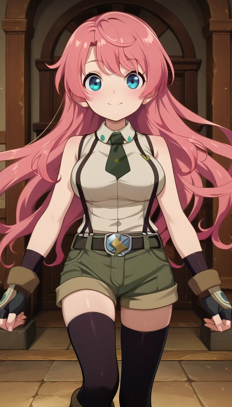 (masterpiece),best quality,amazing quality,very aesthetic,absurdres,newest,perfect body,shiny skin,perfect eyes,detail1eye,well-defined fingers,well-defined fingernails,anime style,indoors,1girl,solo,upper body,(portrait:1.5),looking at viewer,facing viewer,smile,blush,Arifureta Shokugyou De Sekai Saikyou anime style,Novice female,Novice female uniform,very long hair,pink hair,floating hair,bangs,blue eyes,collared shirt,sleeveless shirt,beige shirt,large breasts,dark green necktie,bare arms,fingerless gloves,black belt,suspender shorts,green shorts,short shorts,shorts rolled up,zettai ryouiki,black thighhighs,boots,<lora:TNT-Novice female(tnt)-Illus:1.6>,<lora:Arifureta Shokugyou De Sekai Saikyou anime[style]-Illus:1.6>,