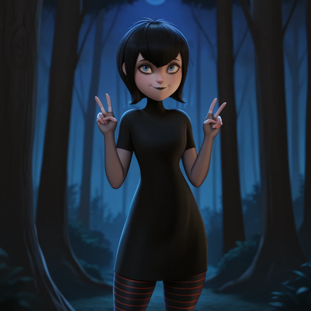 masterpiece, best quality, MAVISDRACULA, 1girl, solo, black hair, short hair, blue eyes, black lipstick, light smile, black dress, striped pantyhose, pantyhose, cowboy shot, <lora:MavisDracula_illustrious_Leaf1:1>, depth of field, double v, forest, night,