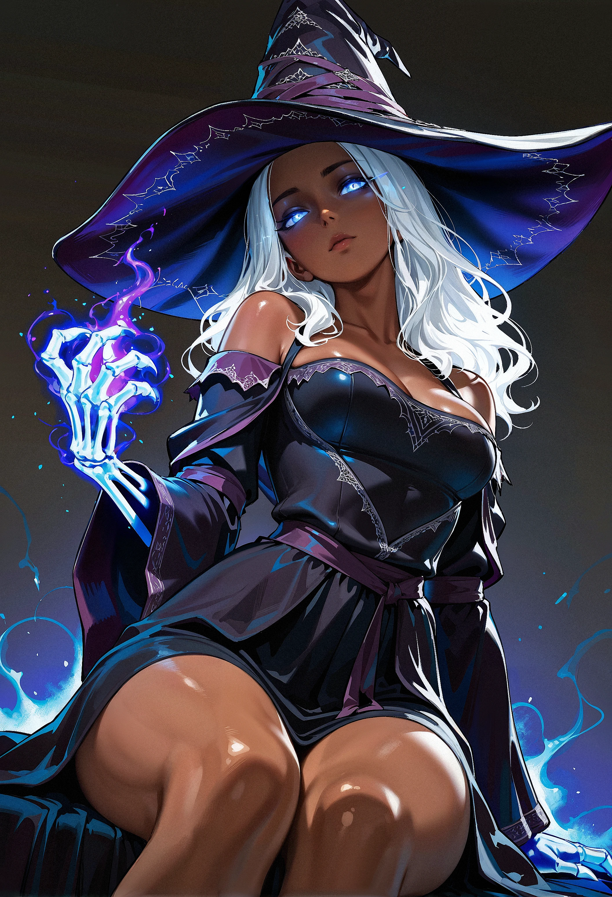 masterpiece,best quality, anime, RecluseER, 1girl, white hair, witch hat, dark skin, from below, expressionless, , sitting, head tilt, dutch angle, outstretched handskeletal disembodied hand, purple blue magic, solo, claws, cowboy shot , glowing eyes, dimmed, dark background, simple background, <lora:iLLRecluseER:0.8>