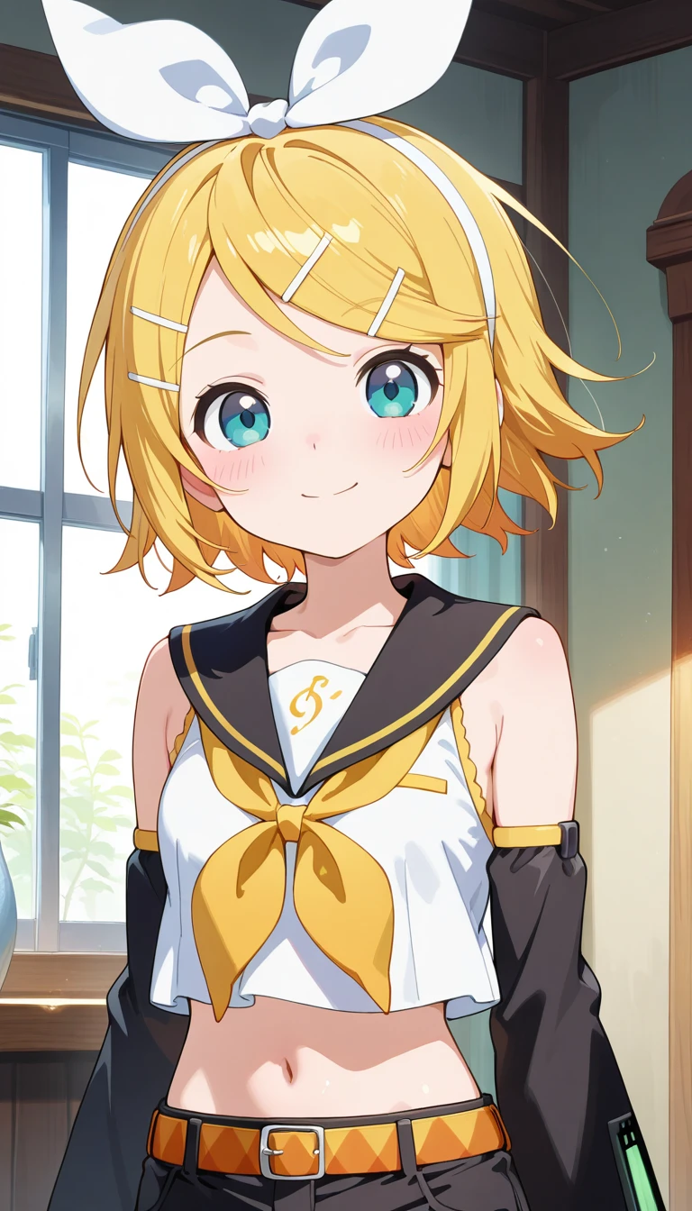 (masterpiece),best quality,amazing quality,very aesthetic,absurdres,newest,perfect body,shiny skin,perfect eyes,detail1eye,well-defined fingers,well-defined fingernails,anime style,indoors,1girl,solo,upper body,(portrait:1.5),looking at viewer,facing viewer,smile,blush,Arifureta Shokugyou De Sekai Saikyou anime style,kagamine rin,short hair,blonde hair,floating hair,white hairband,hair bow,white bow,hairclip,swept bangs,blue eyes,collarbone,bare shoulders,black sailor collar,white shirt,sleeveless shirt,crop top,midriff,yellow neckerchief,black sleeves,detached sleeves,medium breasts,navel,stomach,orange belt,fringe,short shorts,black shorts,leg warmers,white footwear,<lora:Kagamine Rin(voc)-Illus-Remake:1.6>,<lora:Arifureta Shokugyou De Sekai Saikyou anime[style]-Illus:1.6>,