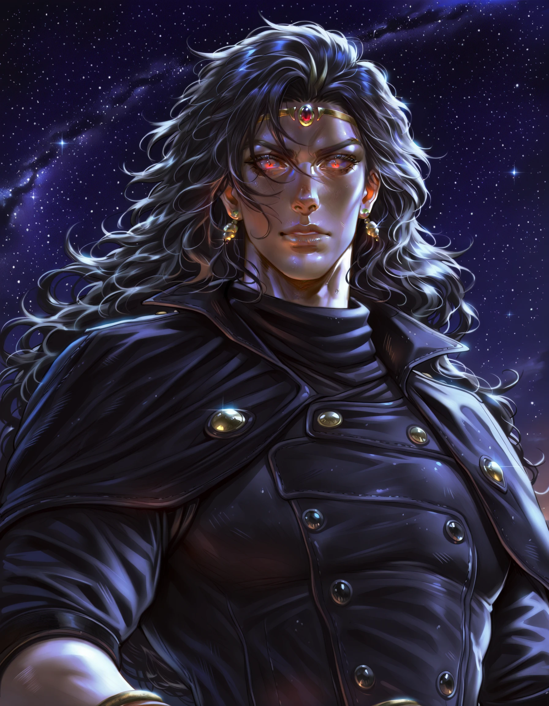 masterpiece,best quality,
illustriouslogan,
karill, black hair, 1boy, jewelry, male focus, earrings, sky, bracelet, capelet, night, star \(sky\), starry sky,looking at viewer, red eyes,
<lora:karsill2:1>, <lora:Logan_Cure_-_Illustrious:0.8>