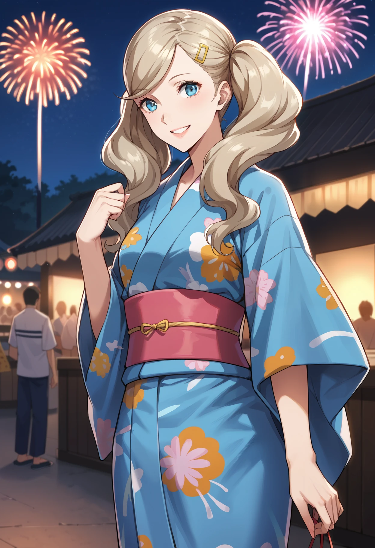 score_9, score_8_up, source_anime
1 girl, solo,
p5ann, takamaki anne, blonde hair, long hair, twintails, swept bangs, hair clip,
p5ann-yukata, yukata, blue yukata, japanese clothes, sash, pink sash, 
outside, nighttime, fireworks, festival, happy, smile,
masterpiece, best quality, ultra detailed,
