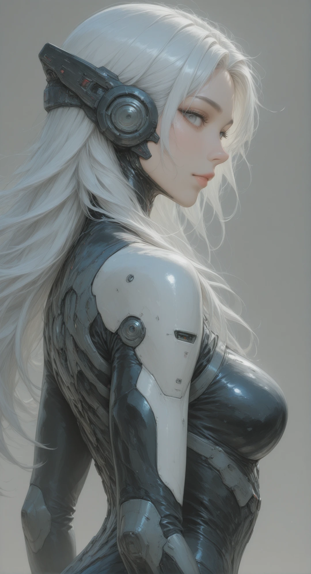 high-tech aesthetics,1girl,solo,long hair,looking at viewer,bodysuit,simple background,from side,grey eyes,upper body,lips,grey background,realistic,shiny,profile,science fiction,closed mouth,white hair,headgear,masterpiece,newest,absurdres,incredibly absurdres,abstract background,concept art,depth of field,volumetric lighting,dynamic angle,epic composition,epic proportion,masterpiece,best quality,amazing quality,very aesthetic,newest,detailed background,detailed environment,