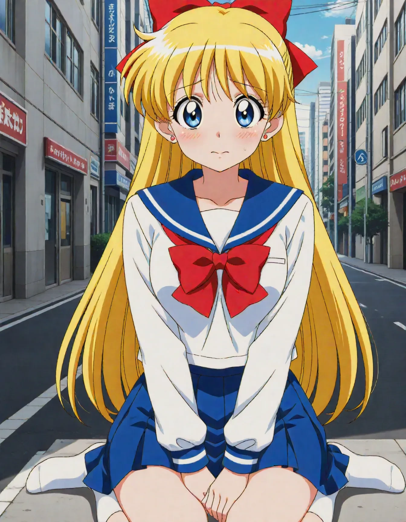 1girl,<lora:dmd2_sdxl_4step:1>,official style,masterpiece,best quality,newest,absurdres,highres,very awa,Anime,anime coloring,anime screencap,<lora:sailor_venus_V4.1:1>,aino minako,solo,blonde hair,long hair,blue eyes,medium breasts,jewelry,earrings,school uniform,sailor collar,skirt,blue skirt,hair bow,white shirt,blue sailor collar,serafuku,shirt,long sleeves,pleated skirt,bow,red bow,red bowtie,bowtie,city,embarrass,blush,shy,closed mouth,skirt_lift,socks,