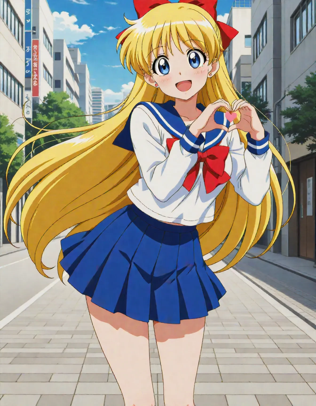 1girl,<lora:dmd2_sdxl_4step:1>,official style,masterpiece,best quality,newest,absurdres,highres,very awa,Anime,anime coloring,anime screencap,<lora:sailor_venus_V4.1:1>,aino minako,solo,blonde hair,long hair,blue eyes,medium breasts,jewelry,earrings,school uniform,sailor collar,skirt,blue skirt,hair bow,white shirt,blue sailor collar,serafuku,shirt,long sleeves,pleated skirt,bow,red bow,red bowtie,bowtie,smile,open mouth,city,heart hand pose,embarrass,blush,shy,Tsundere,
