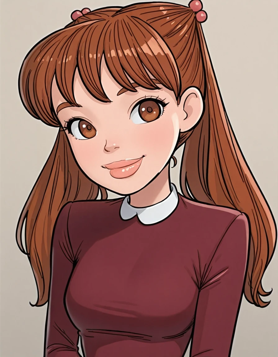 <lora:JuliaHarveyIllustrious1.0:1> julia, brown hair, long hair, 1girl, twintails, hair bobbles, thick lips, brown eyes,red dress, looking at viewer, long sleeves, smile, portrait, upper body,