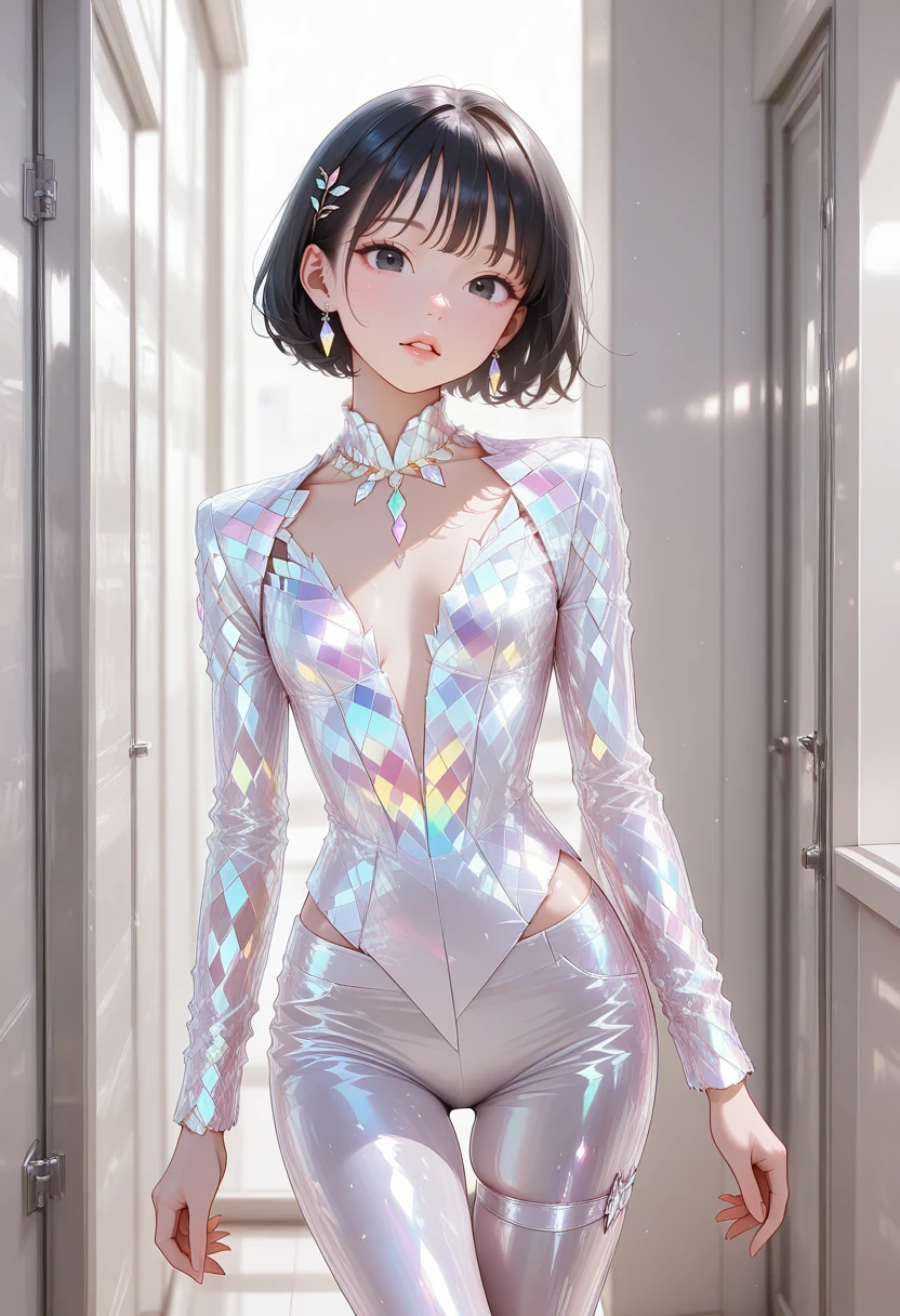 1girl,best quality, amazing quality cowboy shot, simple background,((outlined outlined vector graphics)),
20yo, black hair, black eyes, short bob hair, hair pin,small breast, slender,(white thigh strap:1.1),
front view , looking at viewer ,
looking at viewer,, jewelry, white hair, earrings, parted lips,indoors,, lips,gold rainbow crystal outfit,rainbow crystal outfit , rainbow crystal dress, long sleeve , walking , , , , , ,pants, (clothed:1.2) ,(clothed:1.2) , <lora:rainbow-crystal-il-20:1>
