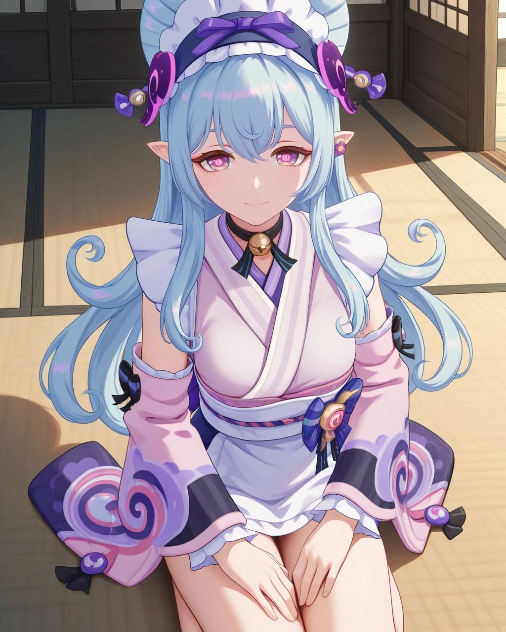 masterpiece, mizuki, 1girl, long hair, blue hair, bangs, hair ornament, maid headdress, pointy ears, purple eyes, choker, neck bell, japanese clothes, detached sleeves, kimono, short kimono, obi, sash, tabi, <lora:yumemizukimizuki_illustrious_v2-000015:1>
light smile, seiza, tatami, looking at viewer, hand on own leg