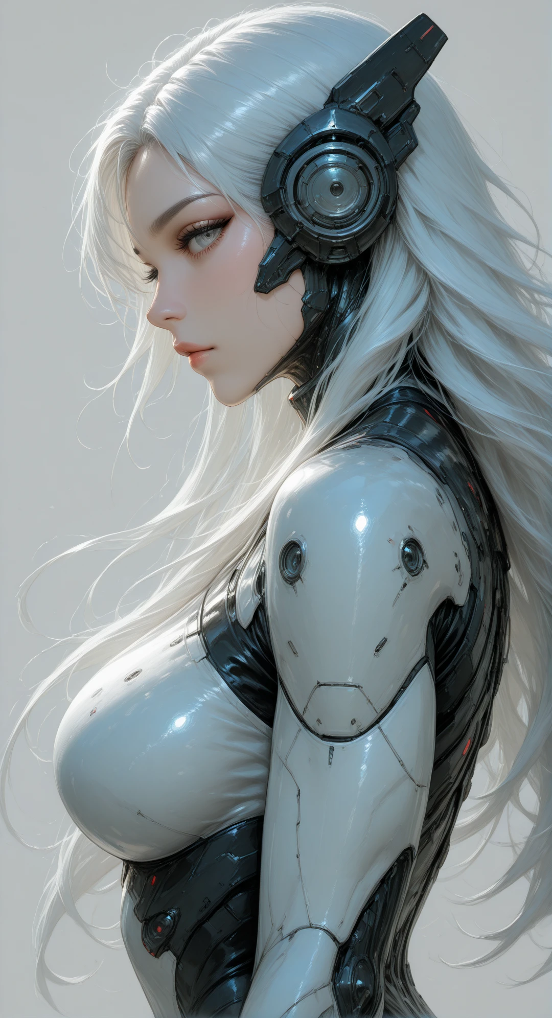 high-tech aesthetics,1girl,solo,long hair,looking at viewer,bodysuit,simple background,from side,grey eyes,upper body,lips,grey background,realistic,shiny,profile,science fiction,closed mouth,white hair,headgear,masterpiece,newest,absurdres,incredibly absurdres,abstract background,concept art,depth of field,volumetric lighting,dynamic angle,epic composition,epic proportion,masterpiece,best quality,amazing quality,very aesthetic,newest,detailed background,detailed environment,