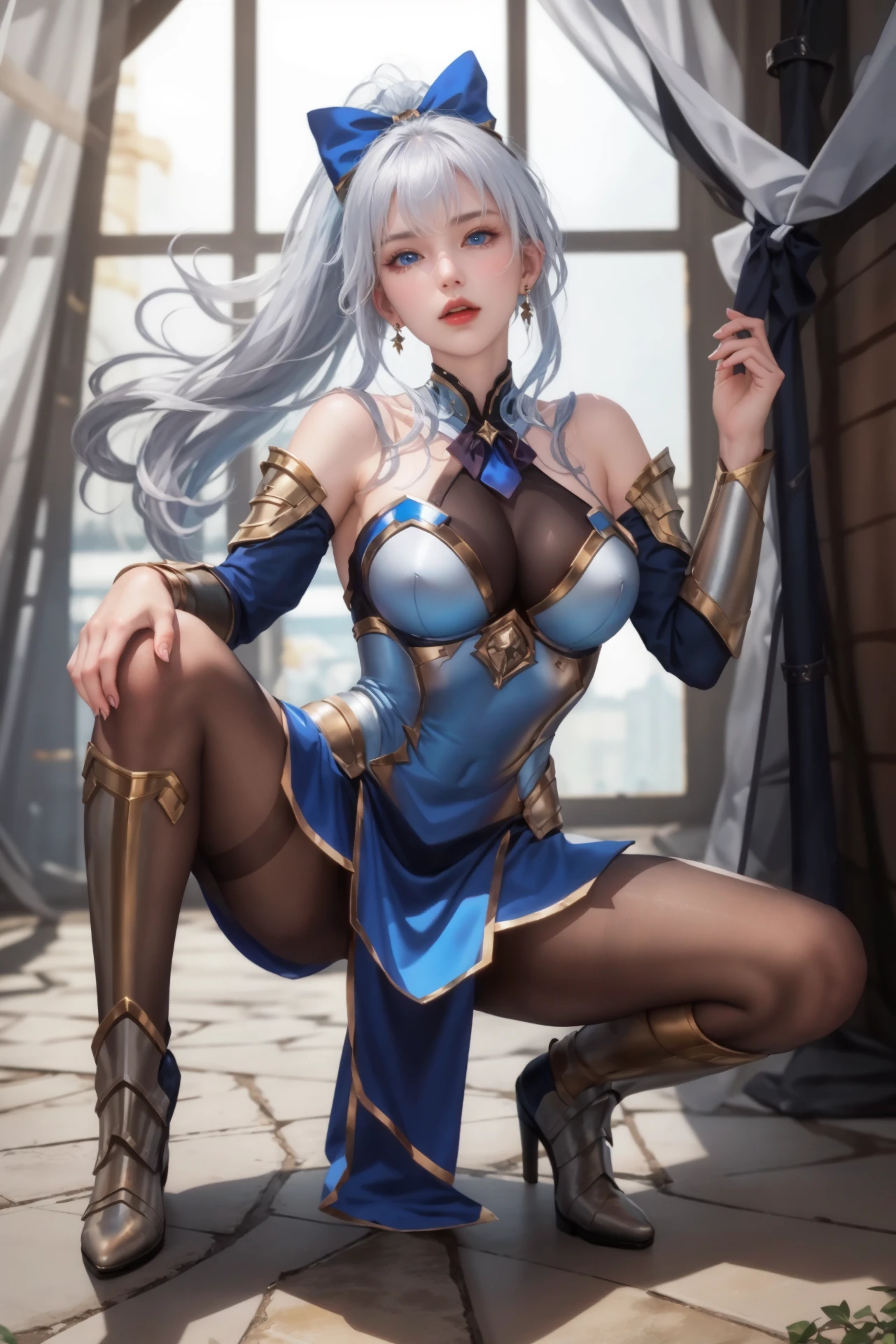 full body sitting on a bench showing ass to me, BLUE breastplate, BLUE skin (1girl)(BLUE skin:1.2), looking at viewer, shiny, armor, thigh highs, high boots, pauldrons shoulder armor, faulds, poleyn, gloves, gauntlets, rerebrace armored boots, (masterpiece, best quality, ultra-detailed, best shadow) yordle pointy ears muscular lean platinum blonde long twin-tails hairstyle at the office lustful smirking smile face red blushed, blush, strong abs, female body builder, tiara, twin drills hair