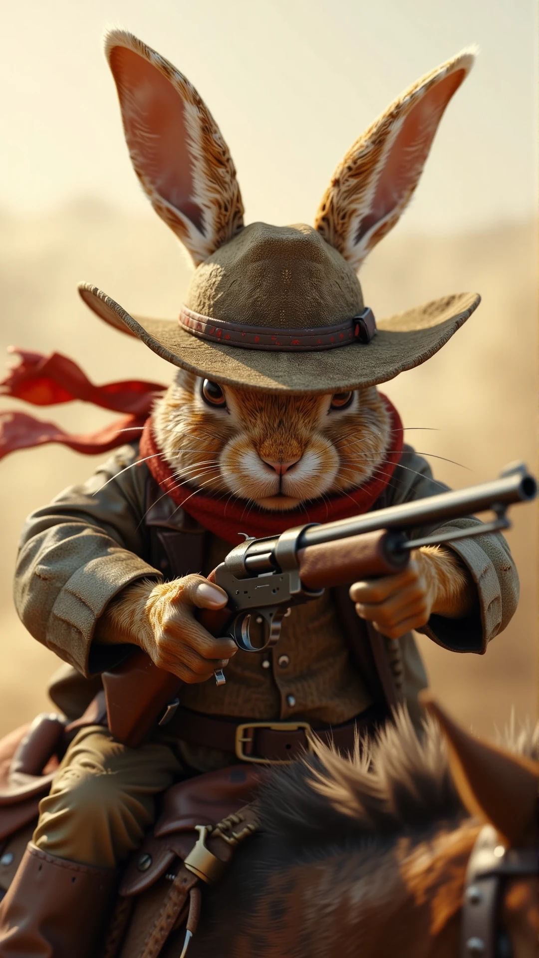 Anthropomorphic rabbit in a high-speed horse chase, wearing a red scarf, a dust-covered cowboy hat, and gripping a shotgun. Dust kicks up behind it. Highly detailed, realistic textures, western theme, cowboy, gunslinger, action shot.
<lora:ral-anthropomorphic-flux:1>