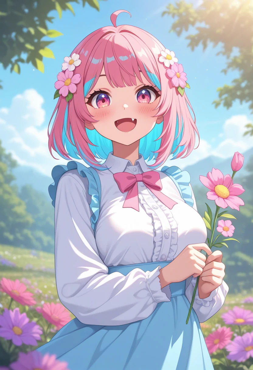 ff-ca, 1girl, pink hair, solo, flower, hair ornament, virtual youtuber, shirt, smile, ahoge, multicolored hair, white shirt, outdoors, pink flower, holding, day, blush, bangs, long sleeves, looking at viewer, bow, hair flower, frills, blue hair, breasts, :d, collared shirt, dress, fang, two-tone hair, blurry