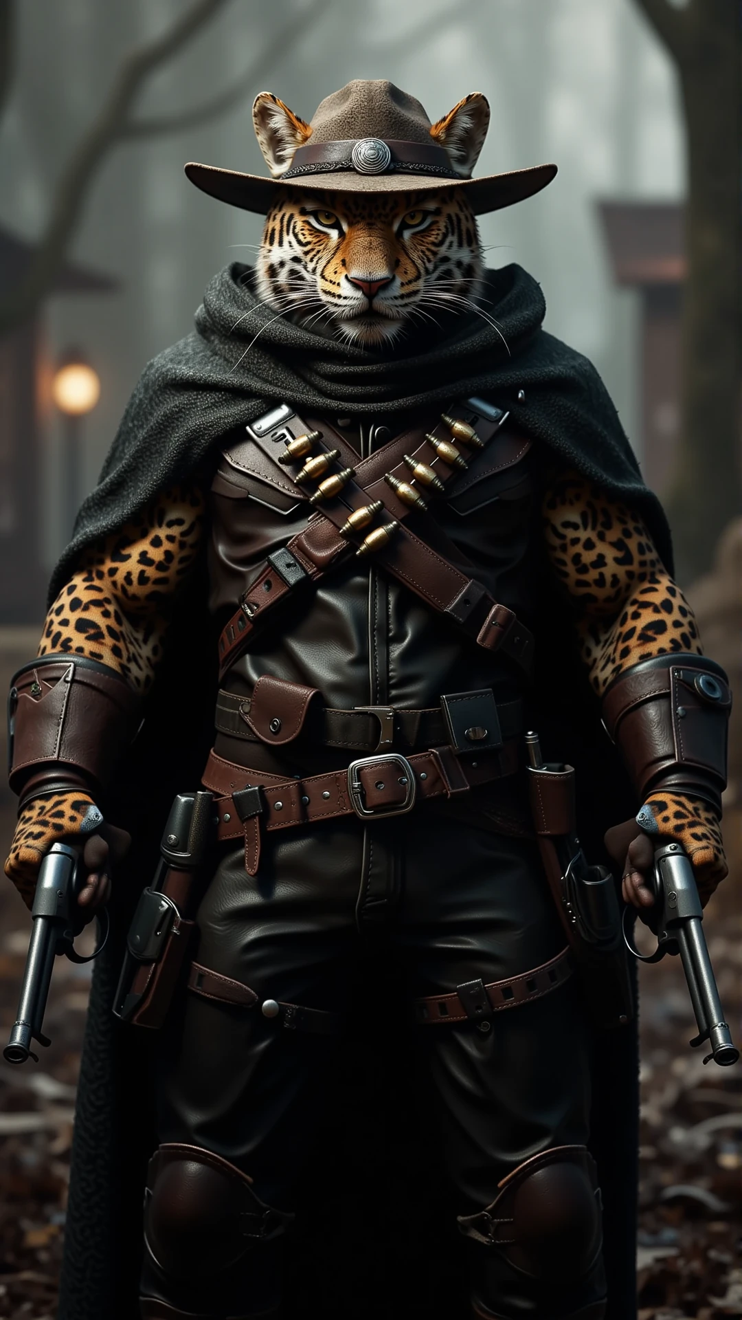 Anthropomorphic jaguar dressed as a mysterious bounty hunter, wearing a dark poncho and a worn cowboy hat with a silver emblem. A revolver sits in each hand, ready for action. Its muscular frame is wrapped in thick leather armor, and a bullet-studded belt crosses its chest. The background features a misty forest at the edge of a lawless frontier town. Highly detailed, realistic textures, western theme, cowboy, gunslinger, bounty hunter, revolver, moody lighting.
<lora:ral-anthropomorphic-flux:1>