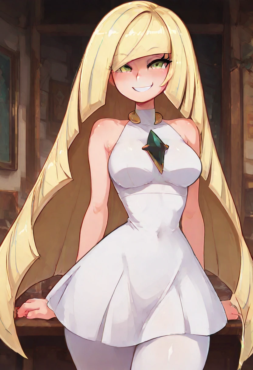 masterpiece, best quality, solo, curvy, beautiful eyes, zzLusamine, green eyes, blonde hair, long hair, very long hair, hair over one eye, bangs, white dress, sleeveless dress, diamond (shape), green gemstone, bare shoulders, white leggings, , <lora:LusaminePokemon_IXL:1.0>,, smile, looking at viewer, cowboy shot, <lora:LandidzuStyleIXL_v2:1.0>, <lora:SpicyIXL:0.6>,