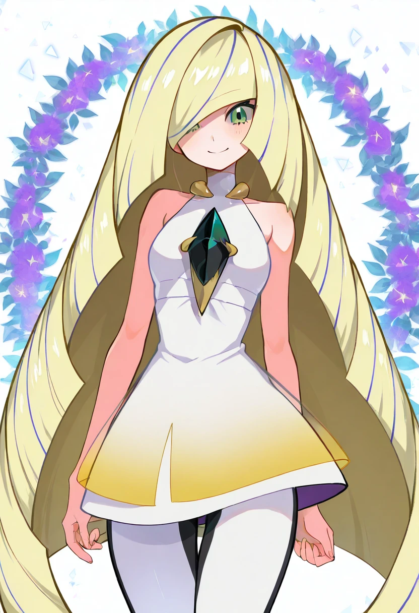 masterpiece, best quality, solo, curvy, beautiful eyes,  zzLusamine, green eyes, blonde hair, long hair, very long hair, hair over one eye, bangs, white dress, sleeveless dress, diamond (shape), green gemstone, bare shoulders, white leggings,  , <lora:LusaminePokemon_IXL:1.0>,, smile, looking at viewer, cowboy shot,  <lora:HaradaTakehitoIXL_v3:0.8>, <lora:ZankuroIXLLight_v2:0.3>,