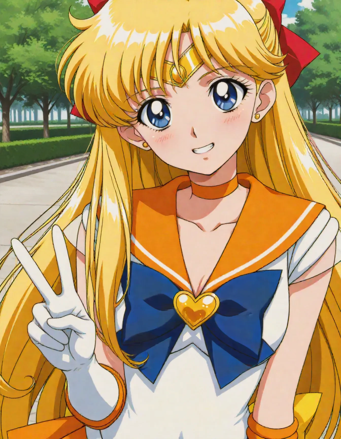 1girl,<lora:dmd2_sdxl_4step:1>,official style,masterpiece,best quality,newest,absurdres,highres,very awa,Anime,anime coloring,anime screencap,<lora:sailor_venus_V4.1:1>,sailor venus,blonde hair,blue eyes,tiara,bow,red hair bow,half updo,long hair,red bow,yellow back bow,heart brooch,choker,elbow gloves,jewelry,magical girl,leotard,orange choker,orange sailor collar,orange skirt,sailor collar,sailor senshi uniform,skirt,white gloves,gloves,head tilt,park,blush,clenched teeth,v,smile,