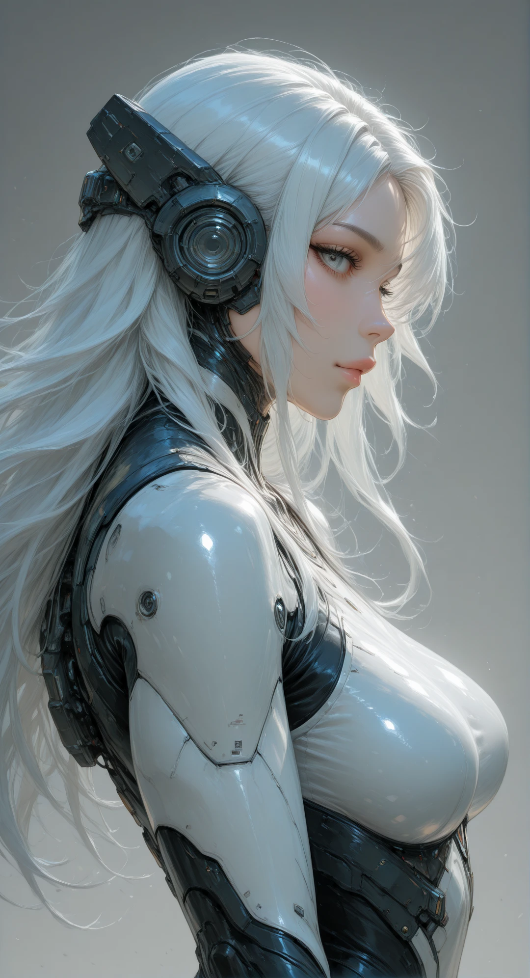 high-tech aesthetics,1girl,solo,long hair,looking at viewer,bodysuit,simple background,from side,grey eyes,upper body,lips,grey background,realistic,shiny,profile,science fiction,closed mouth,white hair,headgear,masterpiece,newest,absurdres,incredibly absurdres,abstract background,concept art,depth of field,volumetric lighting,dynamic angle,epic composition,epic proportion,masterpiece,best quality,amazing quality,very aesthetic,newest,detailed background,detailed environment,