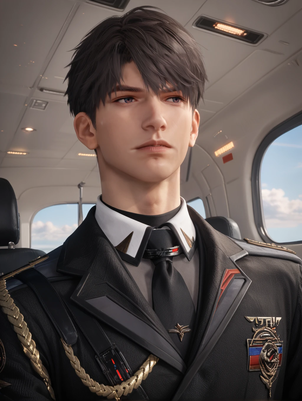 A man sits inside a fighter jet, ready to go, black hair, looking out the window, black military uniform