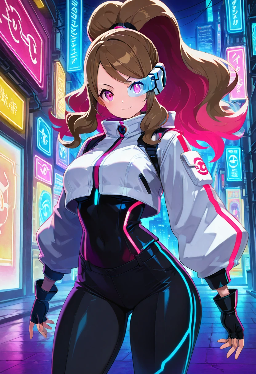 masterpiece, best quality, solo, curvy, beautiful eyes, zzHildaLuxCitron, pink eyes, brown hair, high ponytail, long hair, multicolored hair, pink hair, ponytail, sidelocks, white jacket, long sleeves, shiny, pants, black gloves, cyberpunk, scouter, , <lora:HildaLuxVolt_IXL:1.0>,, smile, looking at viewer, cowboy shot, <lora:HaradaTakehitoIXL_v3:0.8>, <lora:ZankuroIXLLight_v2:0.3>,