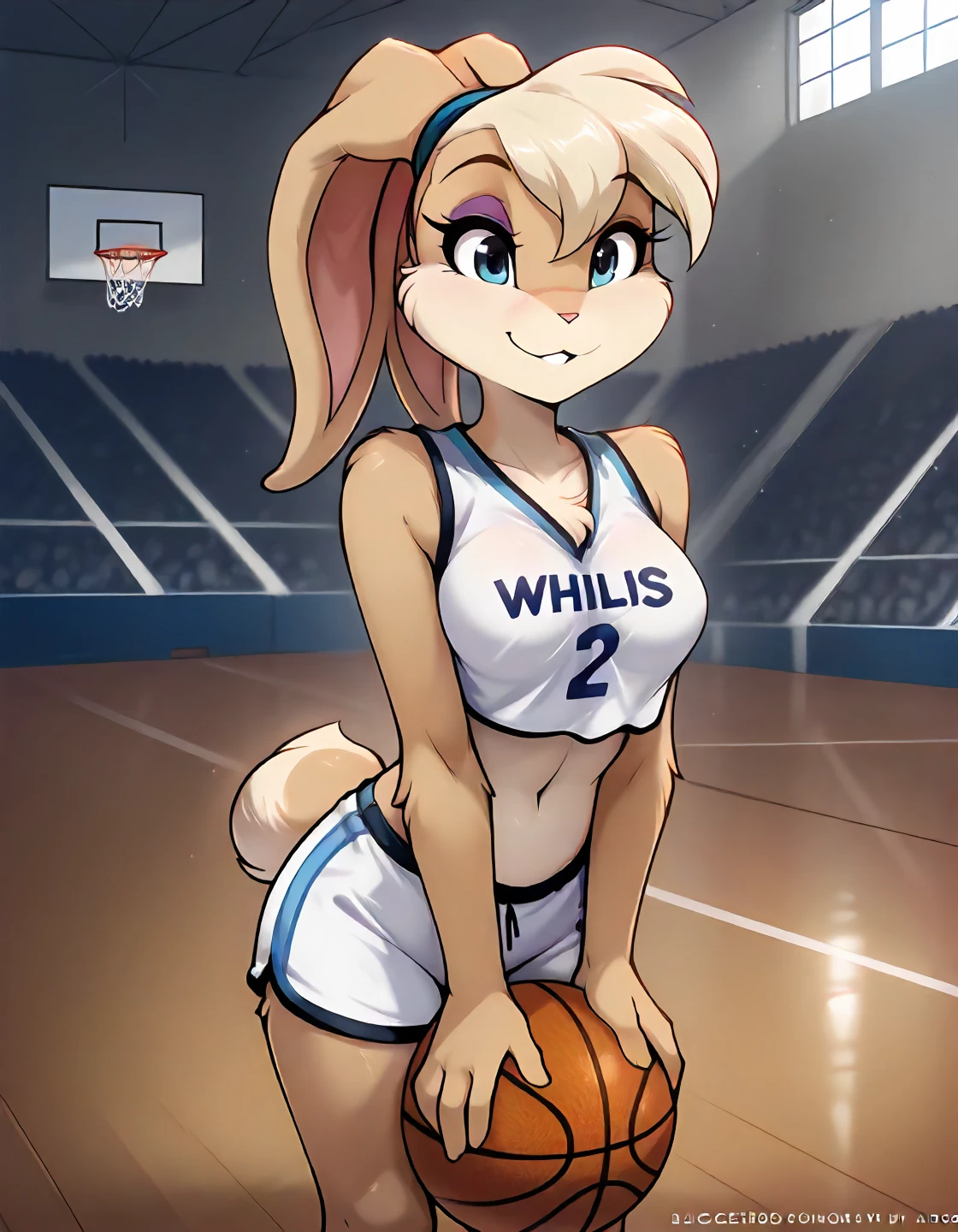 masterpiece, best quality, newest, absurdres, highres, very awa, 1girl, solo, medium breasts, slim, petite, anthro, furry, <lora:TomFischbach_IL_epoch_3:1>, (tomfischbachcolour:1.0), tomfischbachcolour, gym shorts crop top basketball uniform, basketball court, cute face, lola bunny, <lora:Lola_Bunny:1>