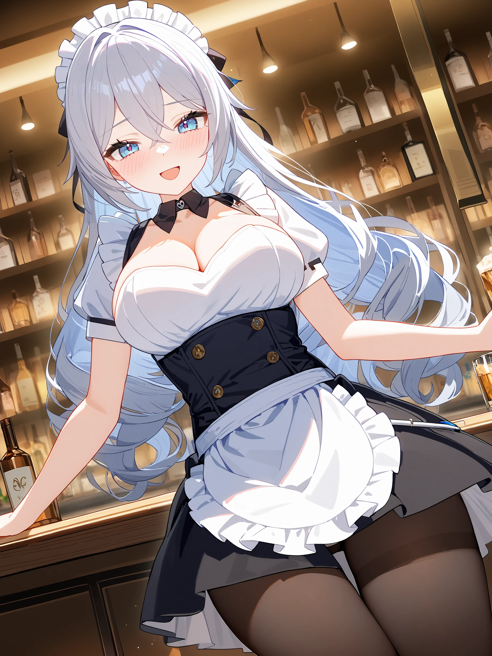 1girl, bronya zaychik, solo, maid, maid headdress, maid apron, smile, embarrassed, pantyhose, open mouth, smile, cowboy shot, bar \(place\), indoors, depth of field, smile, open mouth, looking at viewer illustration, incredibly absurdres, ultra detailed, masterpiece, best quality, perfect features, intricate details, ray tracing, very aesthetic, (wlop, hiten \(hitenkei\), ask \(askzy\):0.4), <lora:Char_Honkai_Bronya_V3_SDXL:1:hr=0.7>,