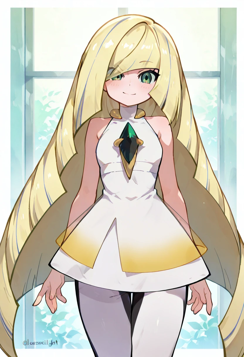 masterpiece, best quality, solo, curvy, beautiful eyes, zzLusamine, green eyes, blonde hair, long hair, very long hair, hair over one eye, bangs, white dress, sleeveless dress, diamond (shape), green gemstone, bare shoulders, white leggings, , <lora:LusaminePokemon_IXL:1.0>,, smile, looking at viewer, cowboy shot, <lora:ZankuroIXLLight_v2:0.8>, <lora:SpicyIXL:0.6>,