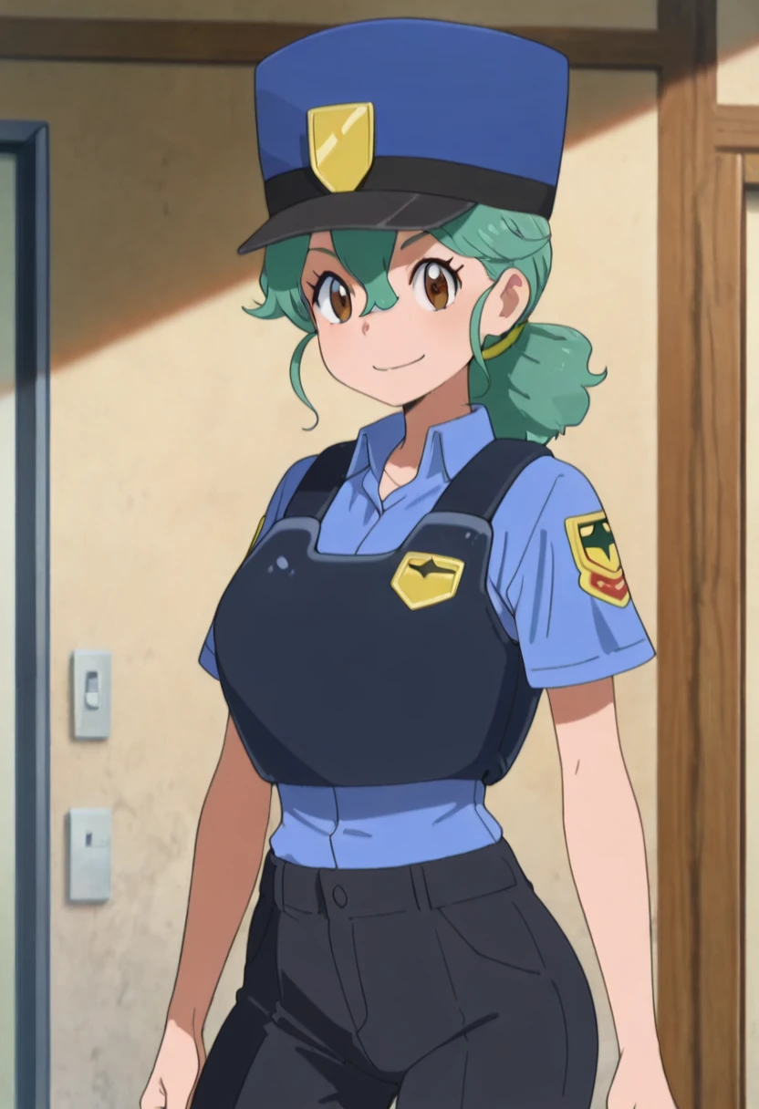 masterpiece, best quality, solo, curvy, beautiful eyes, zzJenny, brown eyes, hair between eyes, green hair, long hair, ponytail, short hair, police uniform, policewoman, shirt, police hat, blue shirt, collared shirt, black pants, , <lora:JennySunMoon_IXL:1.0>,, smile, looking at viewer, cowboy shot, <lora:HaradaTakehitoIXL_v3:0.8>, <lora:ZankuroIXLLight_v2:0.3>, <lora:SpicyIXL:0.6>,