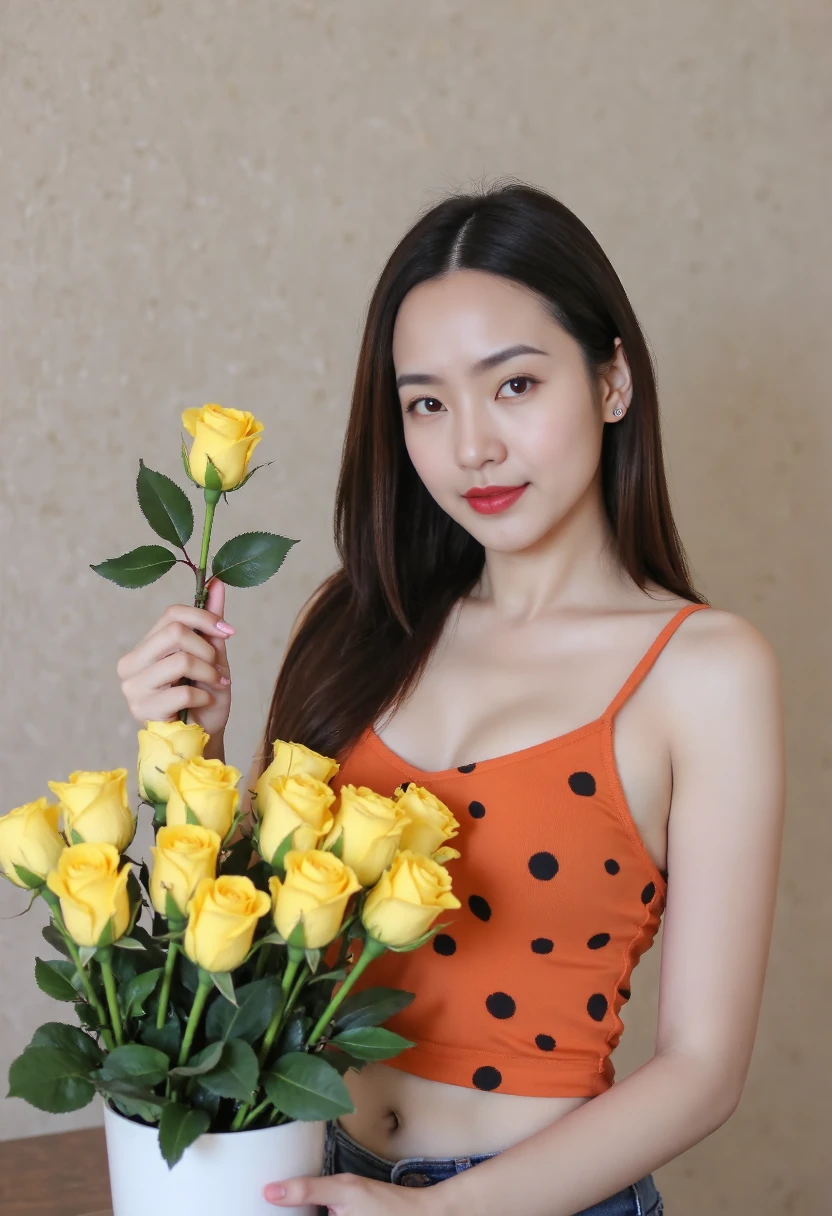 dark theme , (best quality, masterpiece:1.2), 18yo girl in garden, black cleavage dress, (red flowers mess in background:1.3)