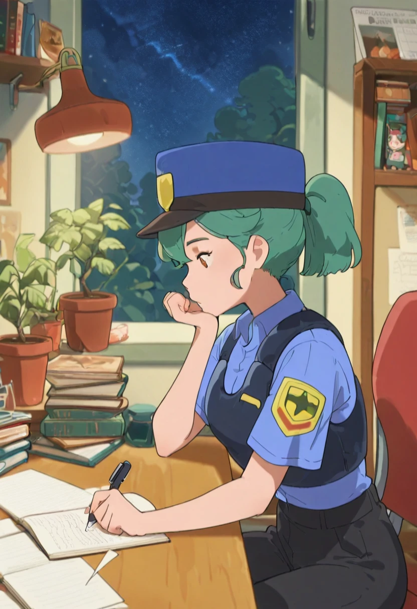 masterpiece, best quality, solo, curvy, beautiful eyes, zzJenny, brown eyes, hair between eyes, green hair, long hair, ponytail, short hair, police uniform, policewoman, shirt, police hat, blue shirt, collared shirt, black pants, , <lora:JennySunMoon_IXL:1.0>,, zzLofi, sitting, side view, desk, chair, book, bookshelf, head rest, holding, holding pen, lamp, night, open book, pen, plant, potted plant, sky, star (sky), starry sky, window, windowsill, writing, <lora:LofiGirl_Style_IXL:1.0>,